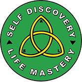 A green circle with the words self discovery, life mastery and an image of a trinity knot.
